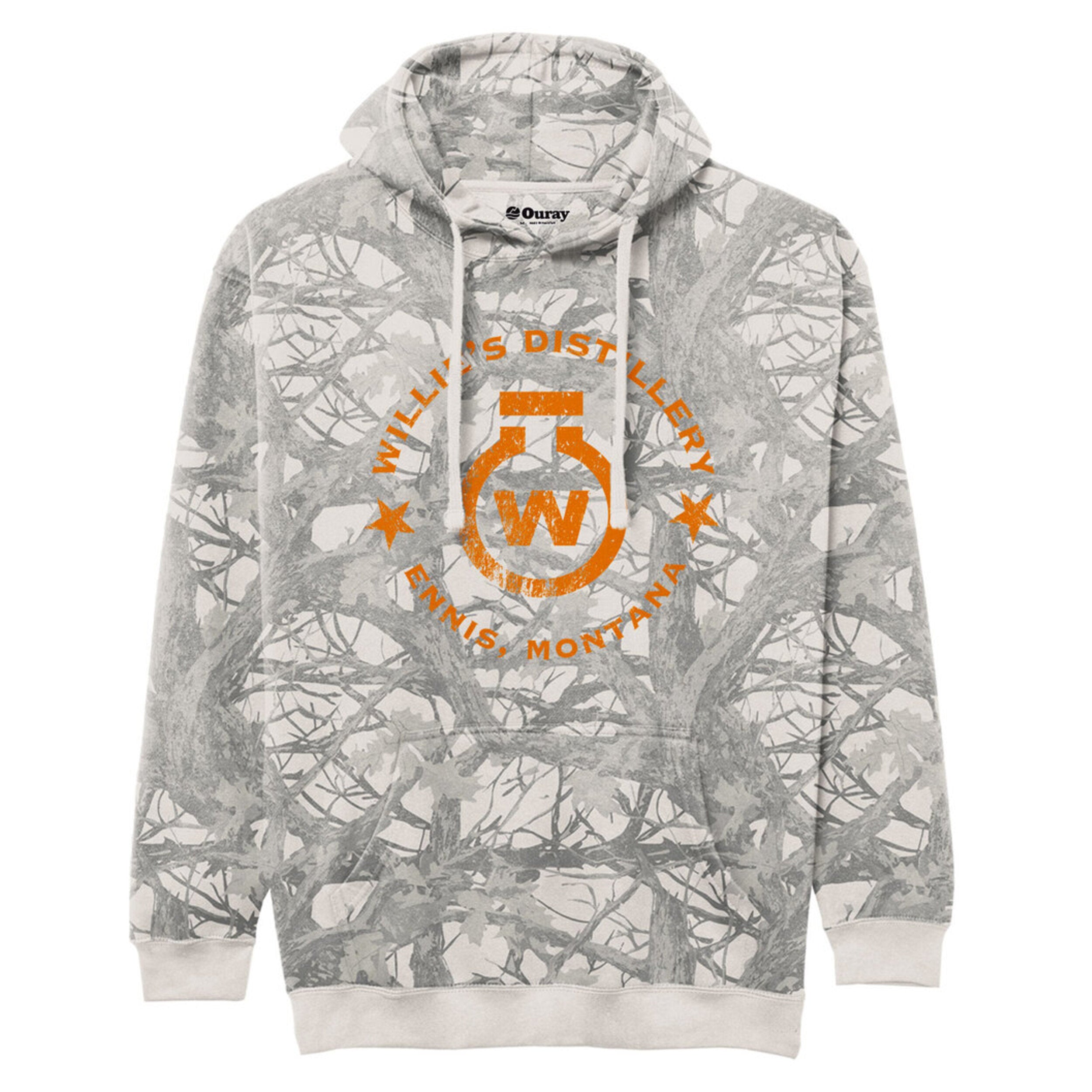Vintage camo hoodie with orange Willie's Distillery logo