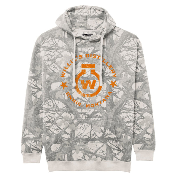Vintage camo hoodie with orange Willie's Distillery logo